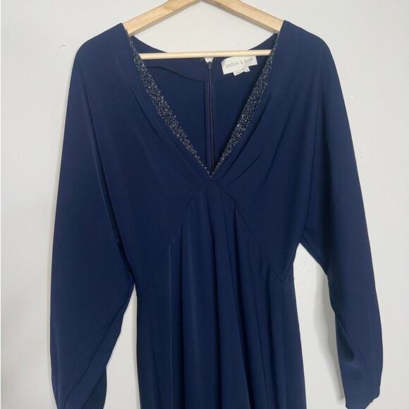 Sachin + Babi Beaded Deep V-Neck Maxi Slit Gown Navy Blue Size US 8 Formal Wear - Picture 3 of 10